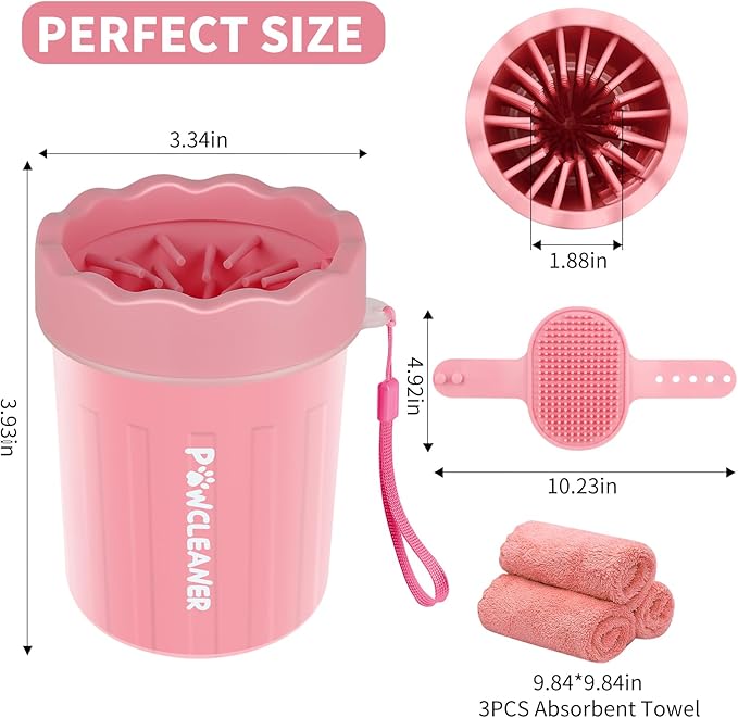 Comotech Dog Paw Cleaner, Portable Dog Paw Washer Pet Cleaning Silicone Brush with 3 Absorbent Towel, Pet Foot Cleaner for Small Breed Dogs (with 3 absorbent towel) (Light Pink, Small)
