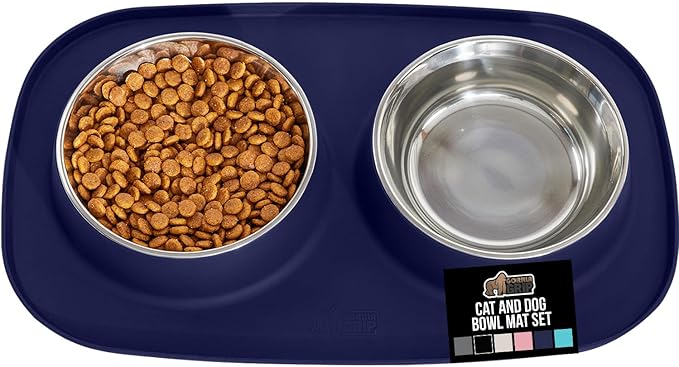 GORILLA GRIP Feeding Mat Set, 4 Cup, Patent Pending 100% Waterproof BPA Free Silicone, Stainless Steel Cat and Dog Bowls, Slip Resistant, Edges Catch Water Food, US Designed Pet Accessories, Navy Blue