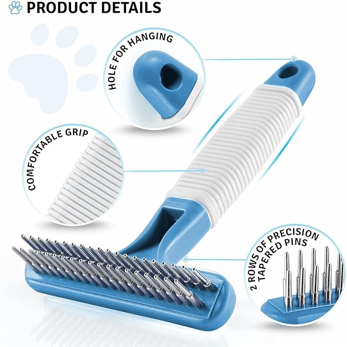 POODLIE Poodle Pet Dog Grooming Rake | Dematting Tool with Stainless Steel Shedding Comb for Pets | 2 Rows of Pins Gently Remove Loose or Tangled Hair from Undercoat (Blue)