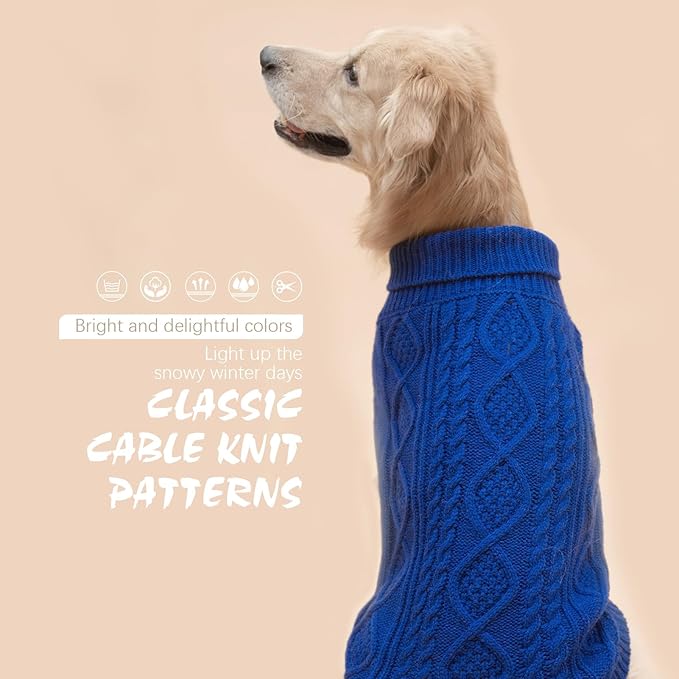 BINGPET Thermal Knitted Dog Sweater for Small Medium Large Dogs,Winter Dog Cat Coat Warm Sweartershirts Outfits,Classic Cable Knit Turtleneck Pullover Dog Jumper Coat Warm Sweartershirts(Blue,ML)