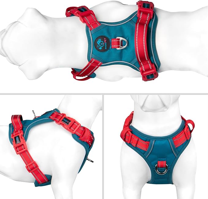 PHOEPET No Pull Dog Harness, Unique Colors Reflective Adjustable Dog Vest, with Soft Training Handle Metal Clips for Small Medium Large Dogs (Teal Base & Red Straps,XL)