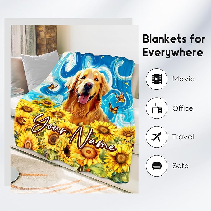 Golden Retriever Blankets for Boys/Girls/Women/Men - Customized Dog Blanket for Dog Lovers - Soft Cozy Lightweight Sunflower Throws Gifts - 4 Sizes