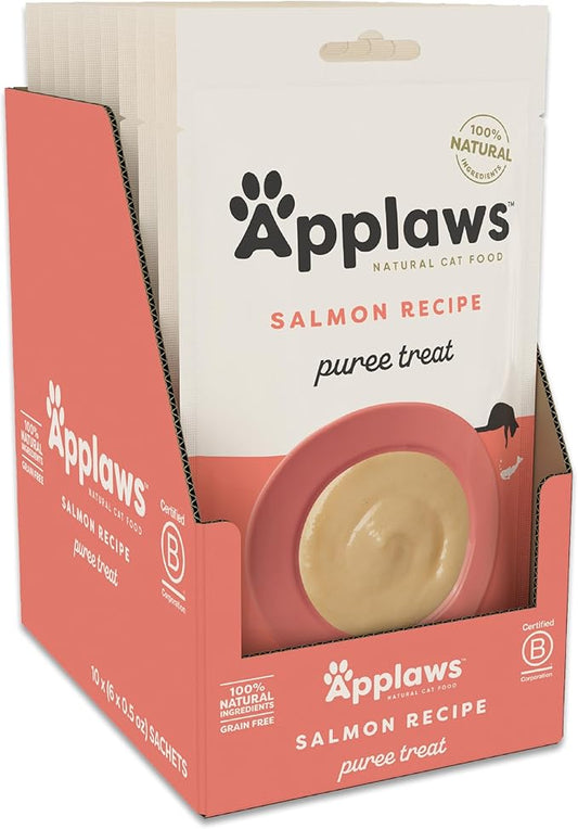 Applaws Lickable Cat Treats, Natural Grain-Free Purée, Made with Limited and Natural Ingredients, No Artificial Additives, Salmon Squeeze Up Cat Treats (60 x 0.5 oz Sachets)