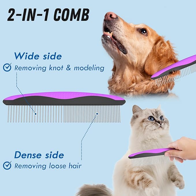 Pet Grooming Brush and Metal Comb Combo - Undercoat Rake for Dematting and Deshedding Long Matted Haired Dogs and Cats, Purple