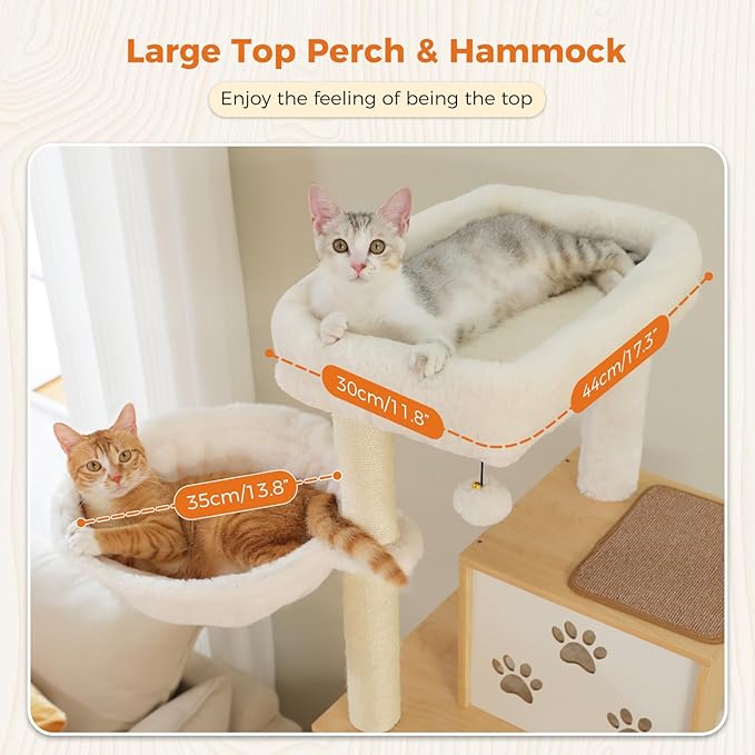 PAWZ Road Large Cat Tree with Food Station, 74.8 Inches Wooden Tall Cat Tower with Extra Large Condos and Hammocks,Spacious Perch,Sisal and Steel Posts, Scratching Mat for Indoor Adult Cats-Biege