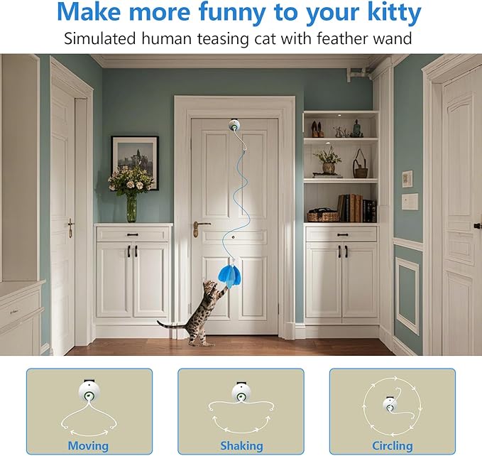Cat Toys Hanging Door Electric and Moving Ball, Cats Toy Interactive for Indoor for Bored Feather Toys Kitten Rechargeable Door Hanging Automatic Retractable String（White）