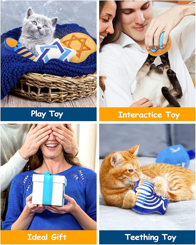CiyvoLyeen Hanukkah Catnip Toys Set of 6 Soft Holiday Plush Cat Toys Interactive Catnip Filled Kitty Supplies for Cats Lovers Chanukah Gift Dreidel Cat Teething Chew Toy