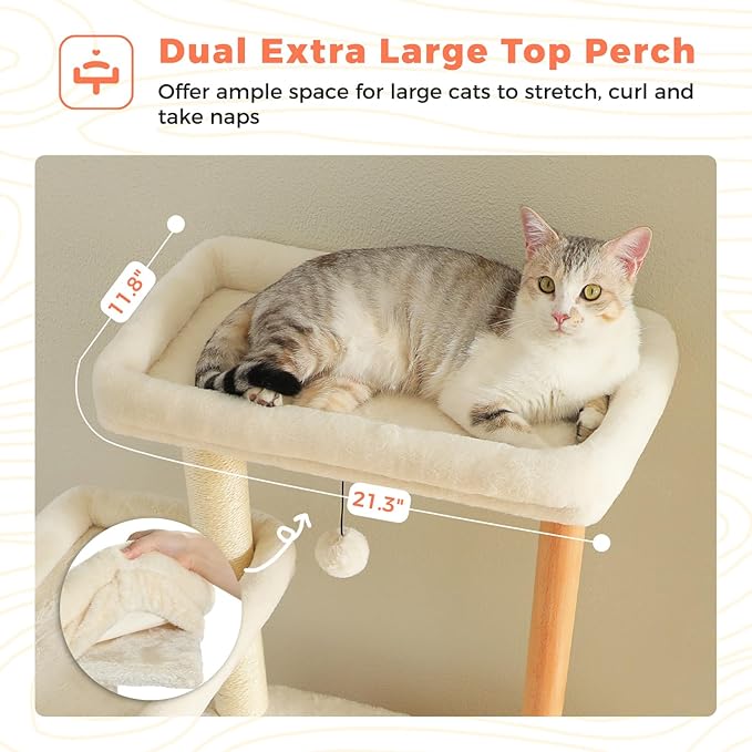73" Tall Cat Tree for Large Cats, Wooden Cat Tower with Fully Sisal Covered Scratching Posts and Solid Wood Posts, Modern Cat Furniture with 2 Spacious Perch and Cozy Condo Beige