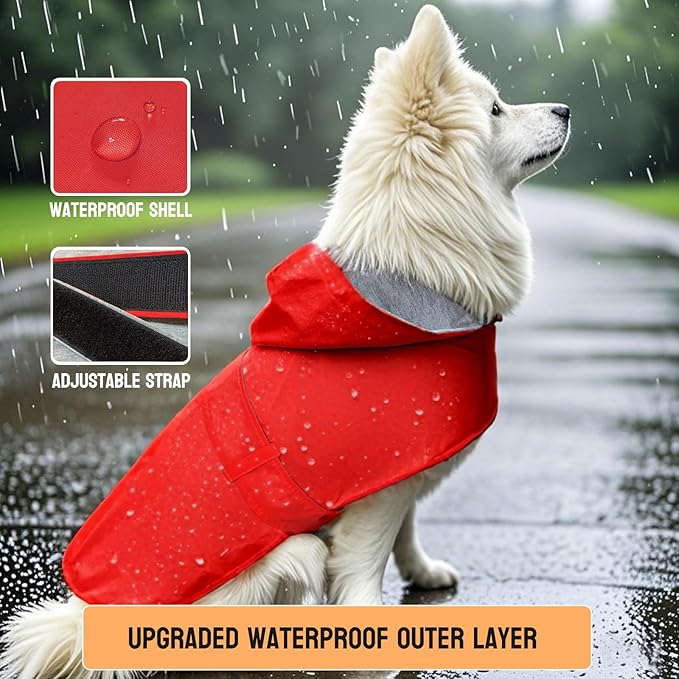 Dog Raincoat Dog Rain Jacket Poncho Waterproof Pet Rain Suit Double Layer Breathable Lining Hooded Leash Hole Adjustable Puppy Small Medium Dogs,Red,XXL