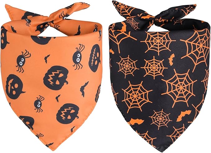 Kytely Halloween Dog Bandanas 2 Pack, Reversible Triangle Dog Bandanas for Boy and Girl, Multiple Sizes Offered, Pumpkin and Spider Web Bibs Fall Pet Scarf, Premium Durable Fabric (Small)