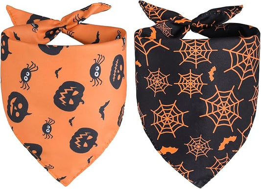 Kytely Halloween Dog Bandanas 2 Pack, Reversible Triangle Dog Bandanas for Boy and Girl, Multiple Sizes Offered, Pumpkin and Spider Web Bibs Fall Pet Scarf, Premium Durable Fabric (Small)