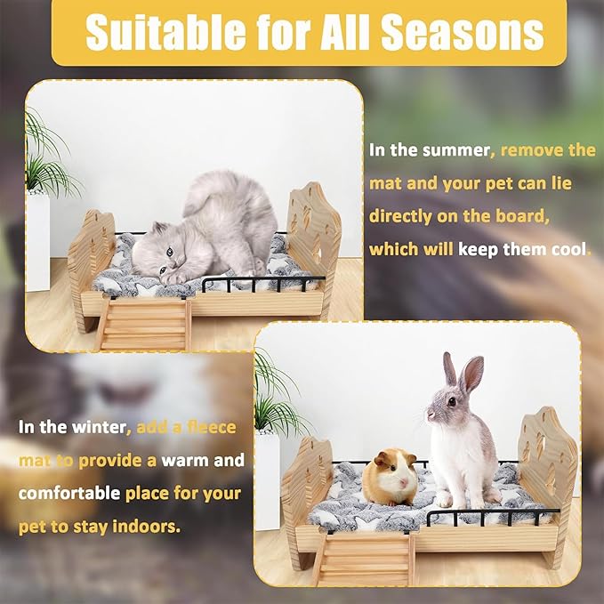 Wooden Rabbit Bed,Detachable Small Animal Bed,Wooden Guinea Pig Bed with Stairs and Washable Mat,Guinea Pig Toys for Rabbit Chinchillas Hamster Ferret（Small Rabbits & Bunny Only） 16.5 * 11 * 3.9inch