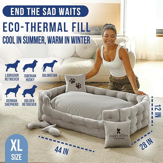 Luxury Dog Bed Chesterfield – Handcrafted Velvet Throne for Dogs | Joint Support, Calming & Temp-Regulating Comfort | Durable 5+ Years, Anti-Claw, Washable 100+ Times – XL, Grey