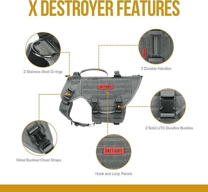 OneTigris Large Tactical Dog Harness, No Pulling Adjustable Dog Vest Harness, Heavy Duty Dog Harness with Handle, Large Hook and Loop Panels for Patch