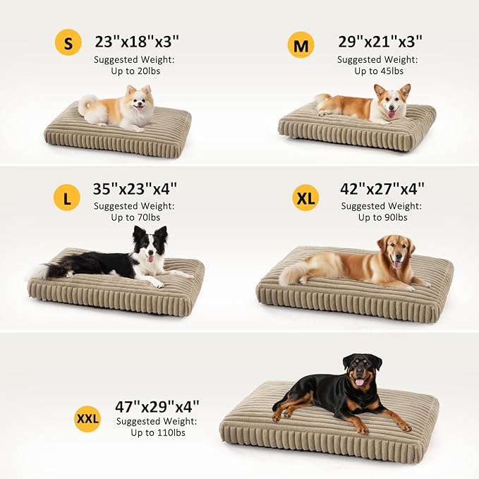 Dog Beds Large Sized Dog, Flat Pet Beds with Removable Washable Cover, Pet Mat Cute Pet Crate Bed Thick Shredded Chopped Crate Foam & Anti Slip Bottom for Indoor, 35"x23"x4" Beige