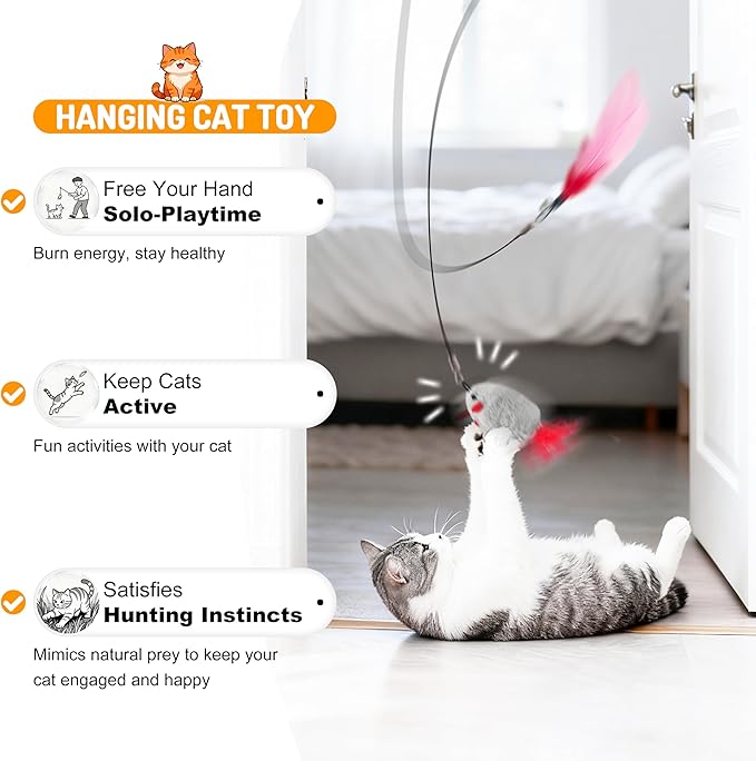 Interactive Hanging Cat Toy for Indoor Cats, 16PCS Door Cat Toys Set with Feathers, Chirping Mice Retractable Teaser Toys for Kitten Play Chase Exercise