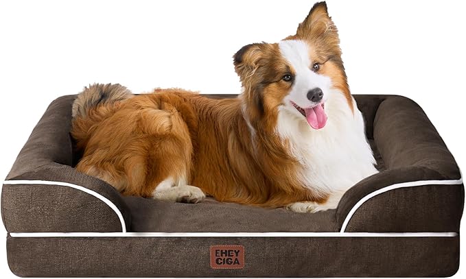 EHEYCIGA Orthopedic Dog Beds for Large Dogs, Waterproof Memory Foam Large Dog Bed with Sides, Non-Slip Bottom and Egg-Crate Foam Pet Couch Bed with Washable Removable Cover, Brown
