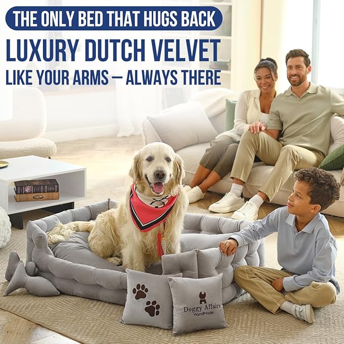 Luxury Dog Bed Chesterfield – Handcrafted Velvet Throne for Dogs | Joint Support, Calming & Temp-Regulating Comfort | Durable 5+ Years, Anti-Claw, Washable 100+ Times – XL, Grey
