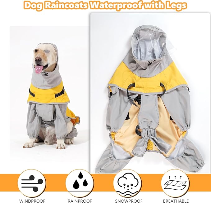 LIANZIMAU Waterproof Dog Raincoat 4 Legs with Leash Hook Reflective Adjustable Belly Strap Clear Hood Lightweight Polyester for Small Medium Large Dogs