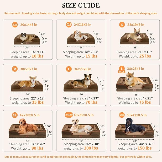 Comfort Expression Orthopedic Dog Bed for Large Dogs 38x25 Inch, Waterproof Supportive Egg Crate Foam Large Pet Bed with Removable Bolsters, Dog Couch with Washable Cover & Non-Slip Bottom, Brown