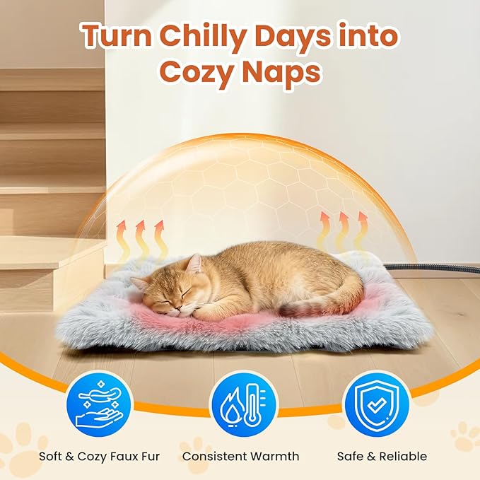Cat Heating Pad, Pet Heating Pad with Smart Thermostat, 12 Temp Levels & 0-12H Timer, Plush Fleece Cover, Waterproof & Chew Resistant, 18x18in for Cats and Small Dogs