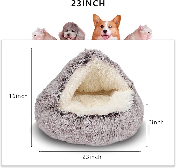 ShinHye Cat Bed Round Plush Fluffy Hooded Cat Bed Cave, Cozy for Indoor Cats or Small Dog beds, Soothing Pet Beds Doughnut Calm Anti-nxiety Dog Bed - Waterproof Bottom Washable, (23×23inch, Coffee)