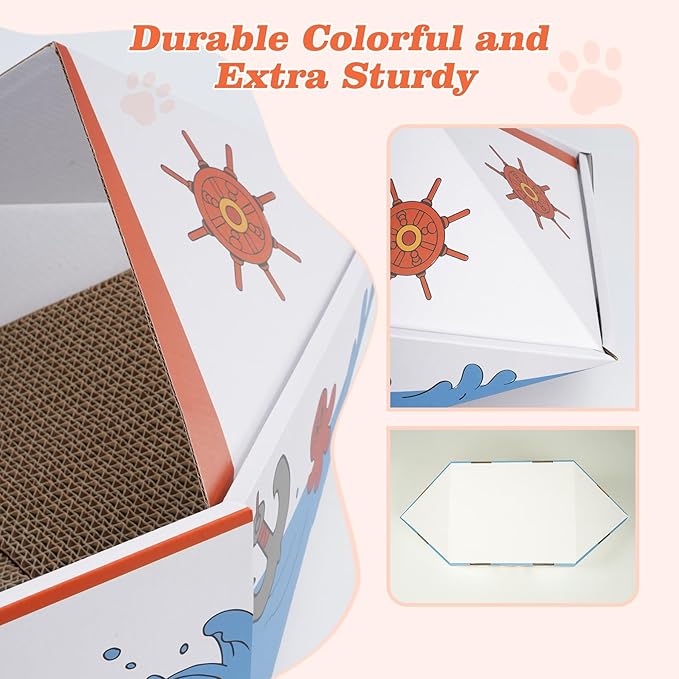 Cat Scratcher Boat with 5 Pack Cardboard Scratch Pad, 30" Extra Long Cat Scratch Box for Indoor Cats, Heavy Duty and Double-Sided Scratching Board