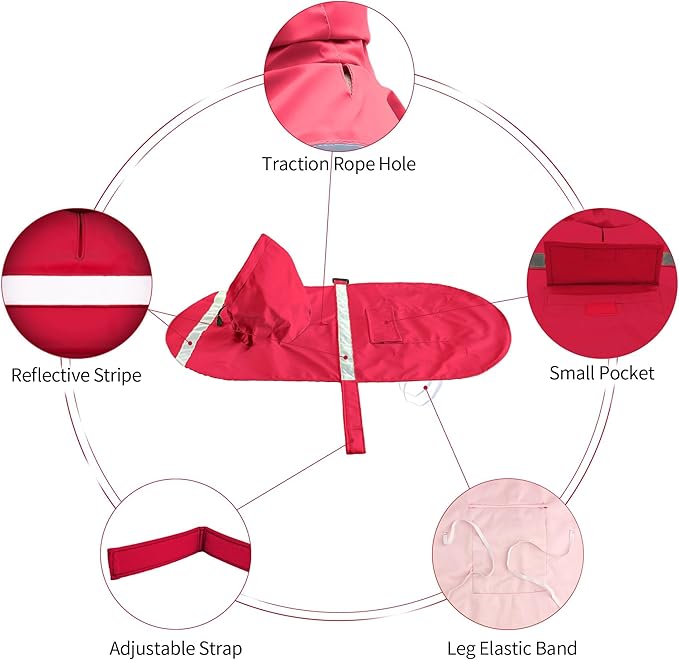 NACOCO Large Dog Raincoat Adjustable Pet Water Proof Clothes Lightweight Rain Jacket Poncho Hoodies with Strip Reflective (XL, Red)