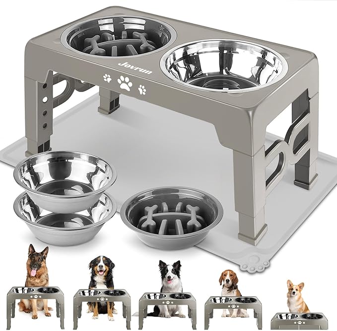 Elevated Dog Bowls, Dog Feeder with 2 Stainless Steel Dishes &1 Slow Feeder Bowl, 5 Heights Adjustable Raised Stand for Medium Large, Food Dishes with Non-Slip Feet