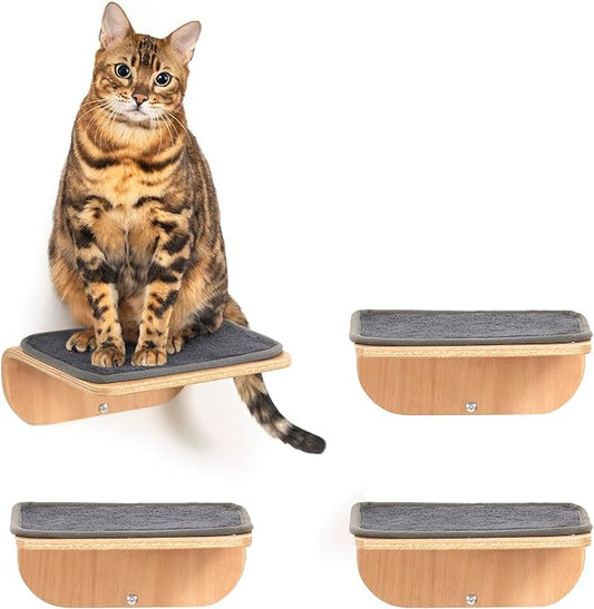 Cat Wall Shelves,Cat Wall Steps and Perch,Stairs,Ladders,Nest,Bed,Modern Wooden Floating Climbing Furniture for Hopping and Sleeping,with Scratching Cushion (Steps of 4)