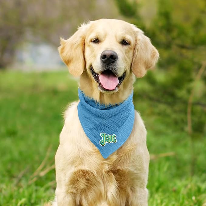 Solid Color Letter Embroidered Dog Scarf - Adjustable Cotton Bandana for Large Dogs,Blue,Large