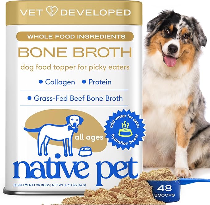 Native Pet Bone Broth for Dogs - Made with Real Beef Bone Broth, Dog Food Toppers for Picky Eaters - Provides Extra Hydration & Nutrition for Joint Strength, Immunity & Heart Health-48 Scoops