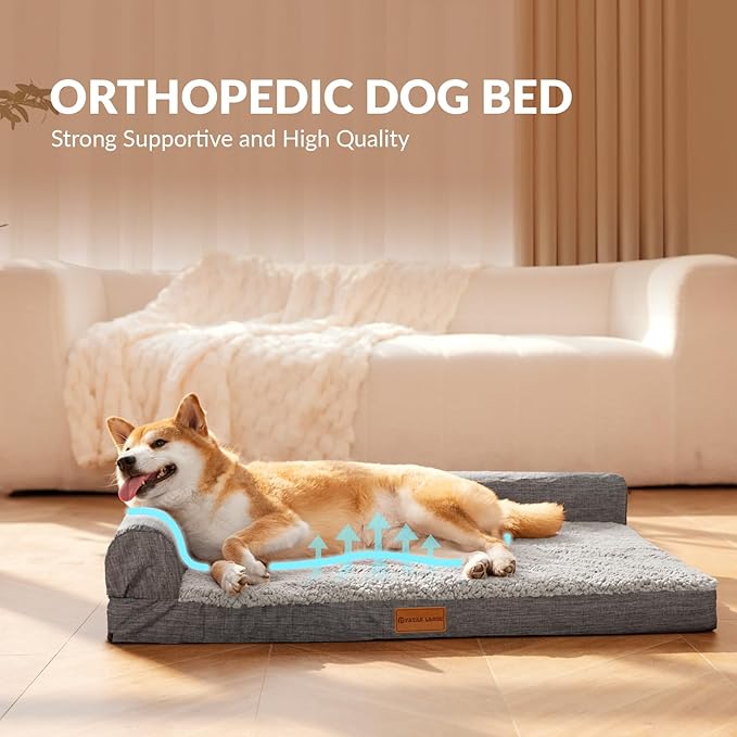 Patas Lague Orthopedic Jumbo Dog Bed for Extra Large Dogs 56''X40'', Waterproof L Bolster Pet Sofa Beds with Removable Washable Cover, Soft Comfortable Pet Couch Crate Mat with Nonskid Bottom, Grey