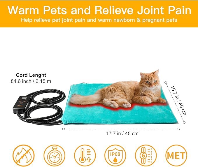 Toozey Pet Heating Pad, 6 Adjustable Temperature Dog Cat Heating Pad with Timer, Waterproof Heated Cat Bed with Chew Resistant Cord, Indoor Electric Pet Heated Mat 18x16in