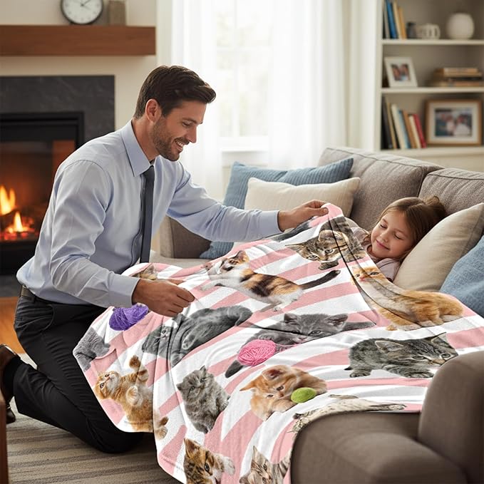 Cat Blanket for Girls Boys, Soft Flannel Fleece Throw Gifts, Lightweight Cozy Cute Cats Decor Blanket 50"x60"