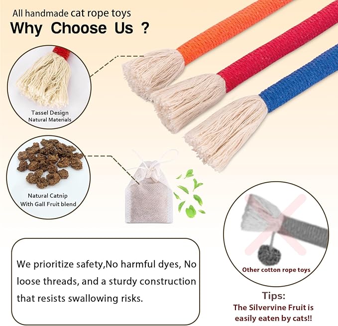 Retro Shaw Cat Toys Chew Rope, 3Pcs Catnip Kitten Toys for Indoor Cats Kitty, Safe Kitten Teething Chew Toy Cat Nip Kicker String for All Breeds 23.6 Inches