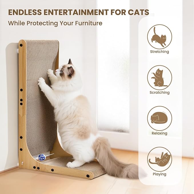 Cat Scratcher with Replacement Cardboard, 27.6" L Shape Wall Mounted Cardboard Cat Scratchers for Indoor Cats, Large Protecting Furniture Cat Scratch Pad with Ball Toy, Catnip