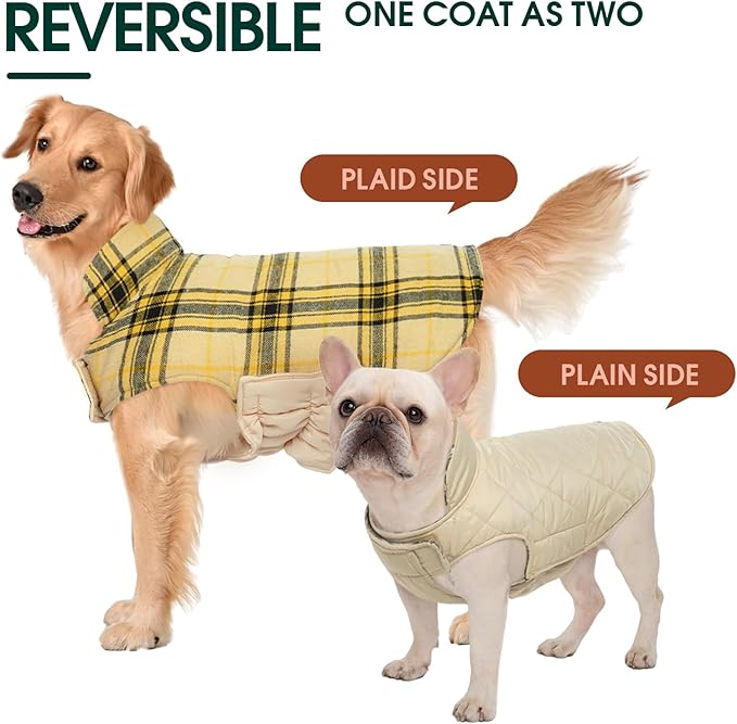 Kuoser Waterproof Dog Coat, Reversible Dog Jacket for Large Dogs, Adjustable Durable Doggie Winter Coat for Groowing Puppies Warm Puppy Cold Weather Apparel, Yellow L