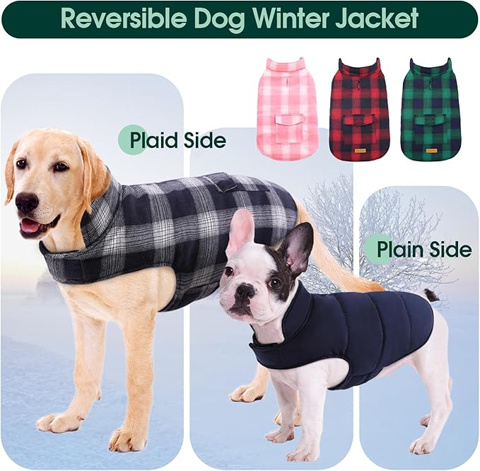 Kuoser Reversible Winter Coat, British Style Jacket for Medium and Large Dogs - Warm Windproof Puppy Cold Weather Clothes Vest, Blue L