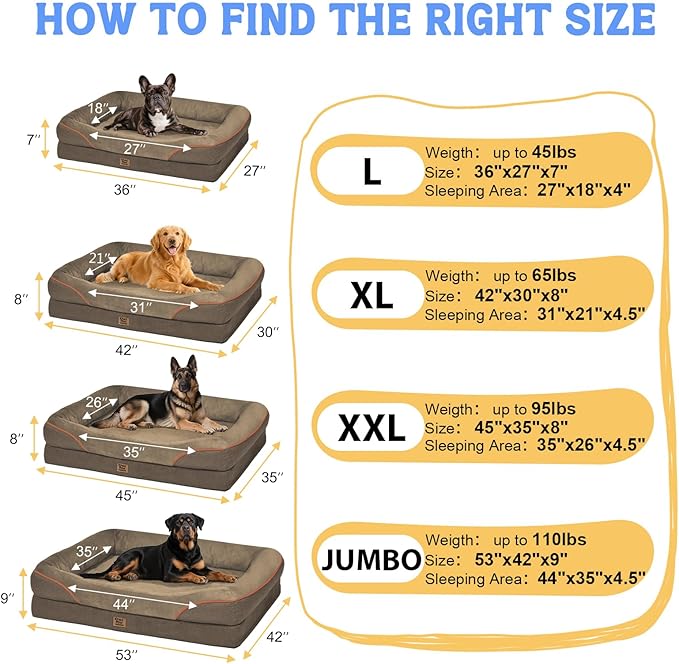 Orthopedic XL Large Dog Bed - Removable Bolster & Waterproof Washable Cover for Pet Big Dogs Bed Extra Large Dog Beds with Foam Support Non-Slip Bottom