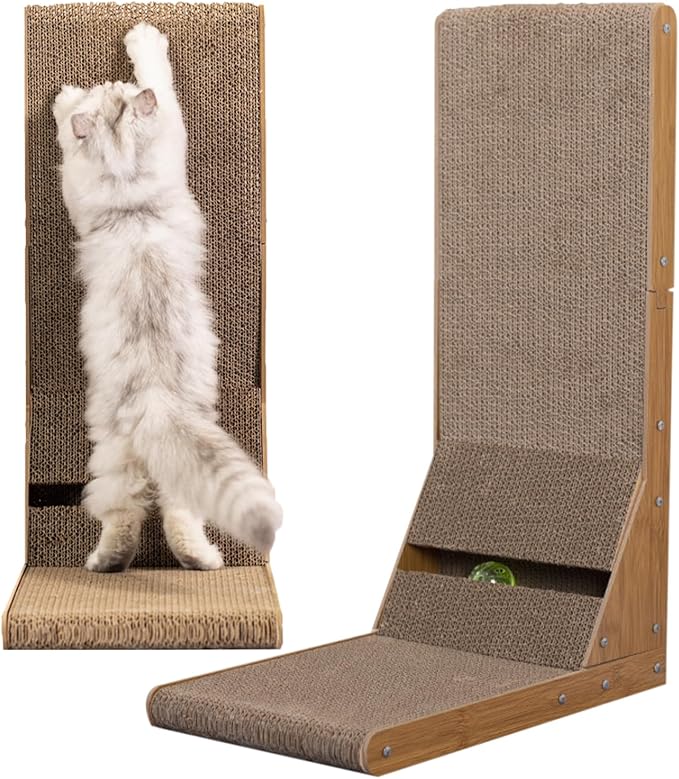 Cardboard Scratching Post with Bevel, 23.6-inch L-Shaped Scratching Post, All-Around fit, Allowing Cats to Stretch and Scratch, Built-in Toy Ball, Furniture Protection, Suitable for Indoor use