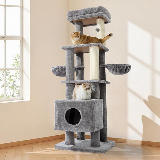 Gardner Pet 65in Heavy Duty Cat Tree Tower for Large Cats, Multi-Level Cat Furniture with Replaceable Sisal Scratching Post, Hammock | Extra-Large Platform & Condo (Upgraded Grey)