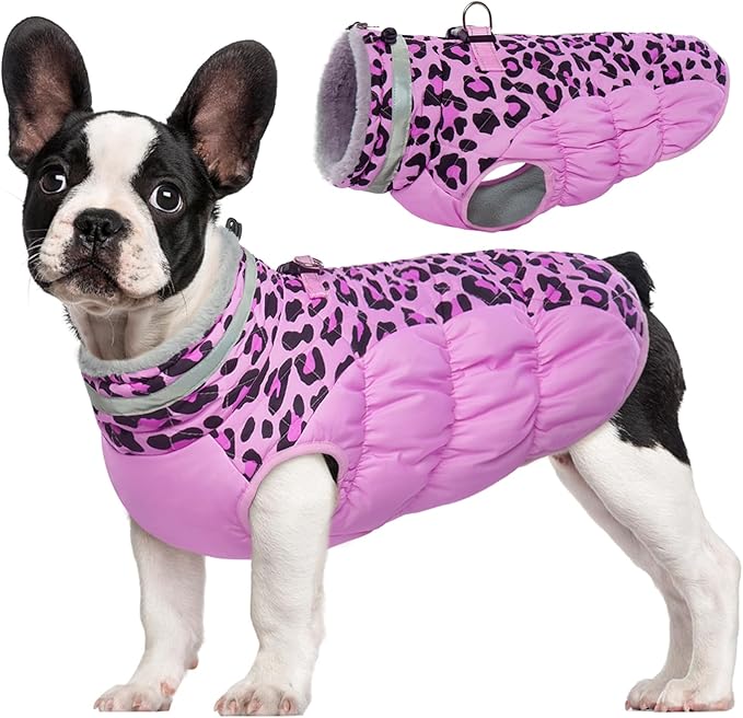 FUAMEY Dog Coat for Small Dogs,Waterproof Dog Winter Jacket with Harness Built in Puppy Cold Weather Coats Reflective Pet Vest with Zipper Warm Fleece Dogs Snowsuit Windproof Pink Leopard XS