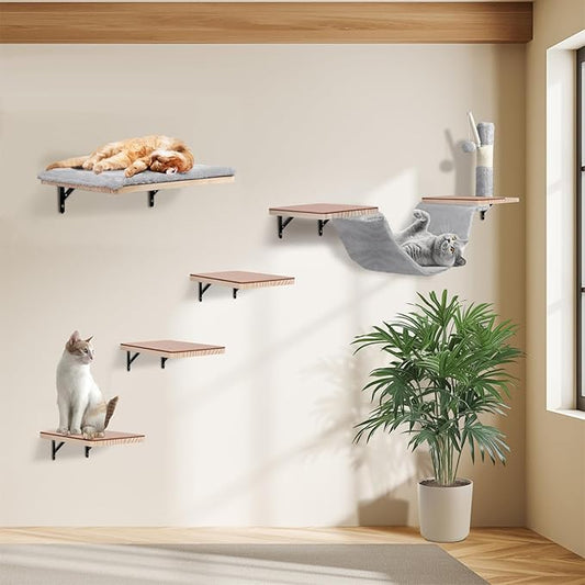 Cat Wall Shelves, Solid Wood Cat Wall Furniture Set, with Cats Bed, Hammock, Felt Ladder, Sisal Scratching Post & Ball (Grey)