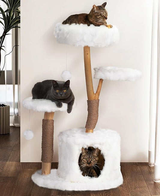 COZIWOW Cloud Cat Tree Tower, Solid Natural Wood Branches, Modern, Aesthetic, Unique, Cat-Approved, 34" L x 17.7" W x 41.7" H, White