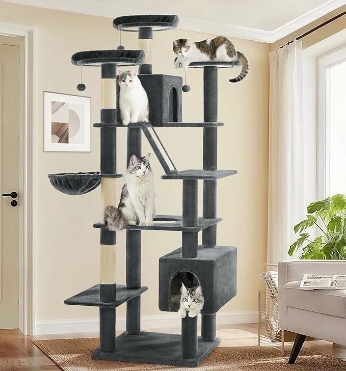 Made4Pets Tall Cat Tree, 80" Cat Tree Tower for Indoor Cats Large Adult, Modern Cat Tower with Scratching Post, Cozy Hammock, 3 Perches and 2 Condos, Sturdy and Fluffy, Dark Gray