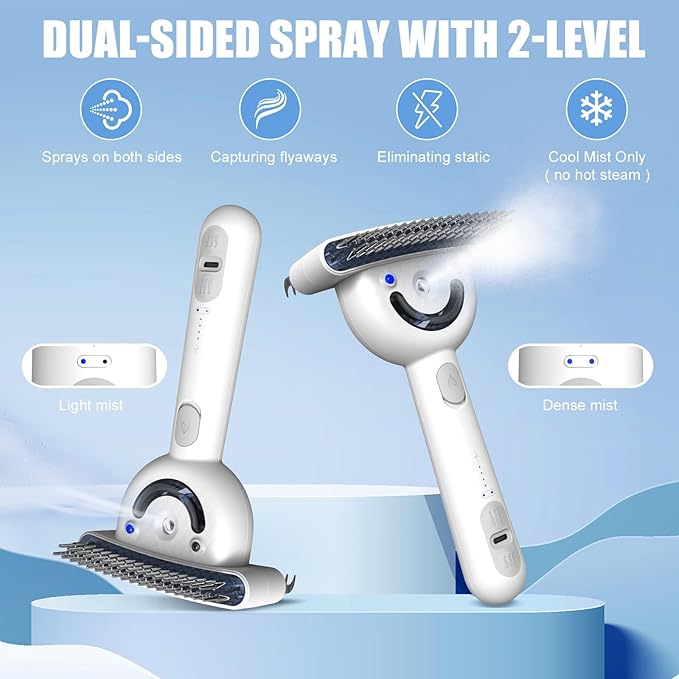 Double-Sided Pet Deshedding Dematting Comb & Steam Brush with 2 Spray Levels, Extra-Wide Detangling Undercoat Rake for Long-Hair Dogs & Cats Matted Fur, Knots, Rechargeable Grooming & Massage Tool
