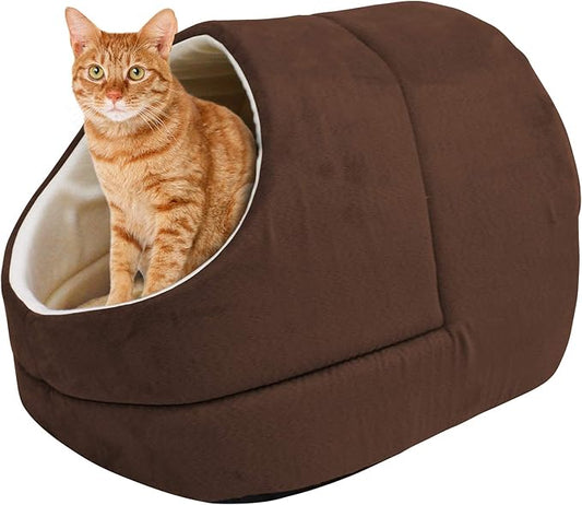 4 in 1 Self Warming Burrow Cat Bed, Pet Hideway Sleeping Cuddle Cave (Brown-2)