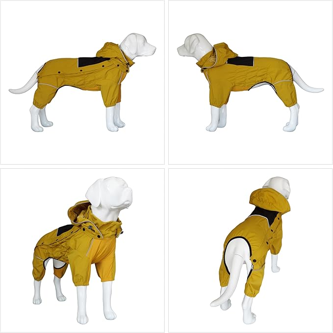 LOVELONGLONG Waterproof Dog Raincoat with Removable Hood – Outdoor Full Body Dog Jacket, Windproof Snowproof Shell Suit – All Season Pet Rain Gear Mustard Yellow XXL