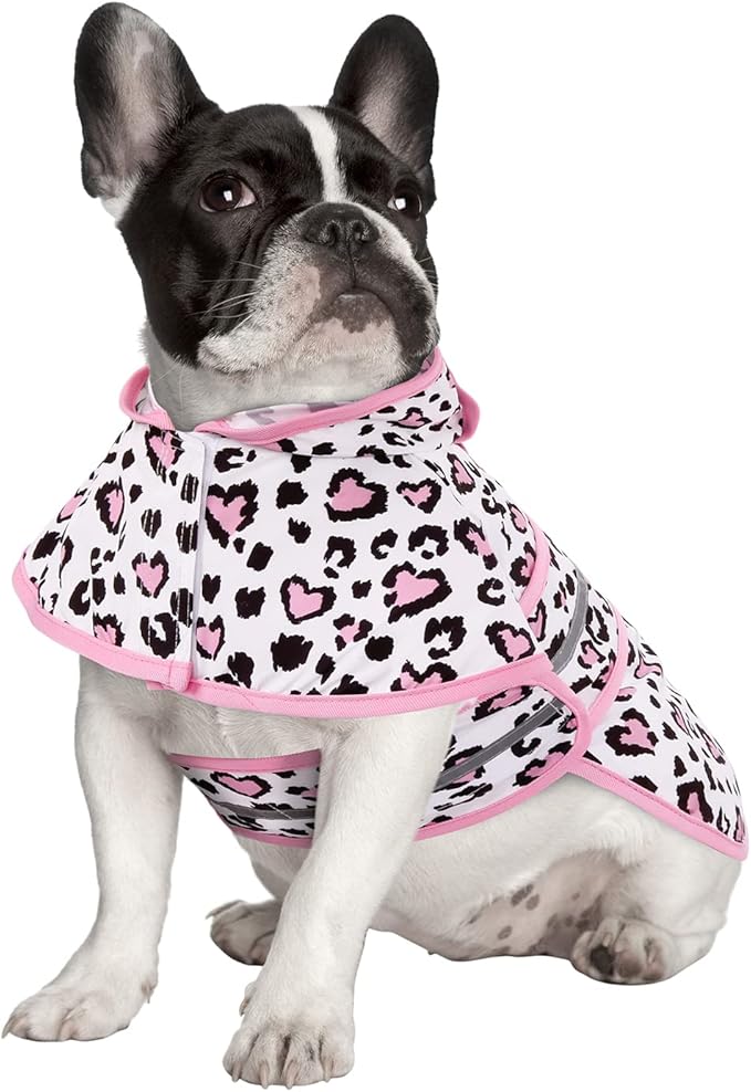 HDE Dog Raincoat Jacket Reflective Adjustable Hooded Pet Poncho Rain Coat with Leash Hole for Small to X-Large Dogs Leopard Hearts - S
